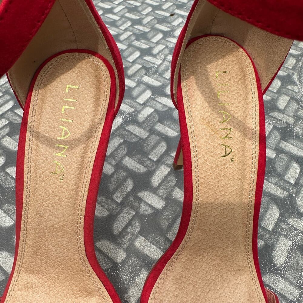 Liliana Red Open Toe Velvet Ankle Strap High Heel Sandal Pump Size 9 Stiletto - Picture 7 of 16